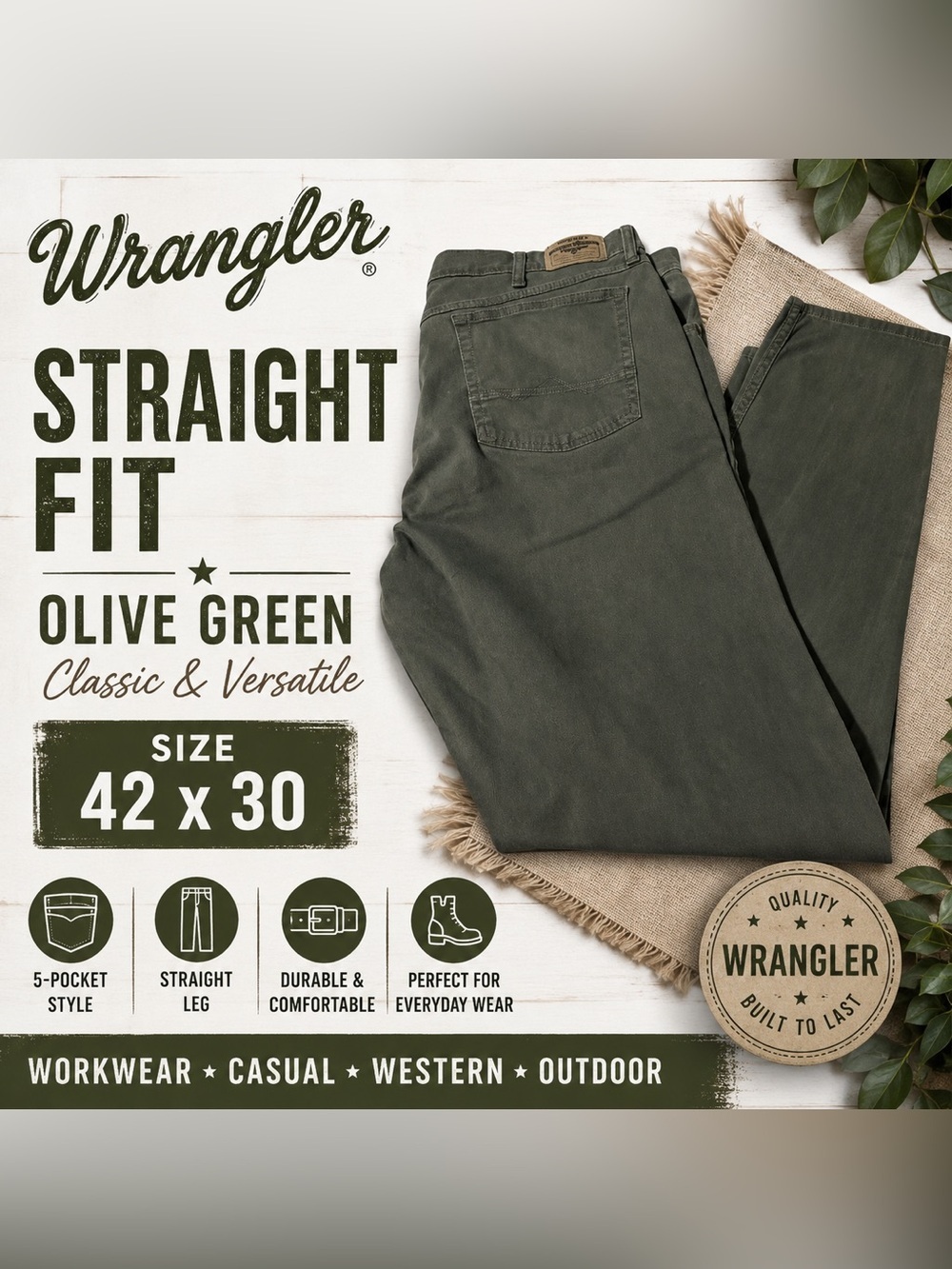 Wrangler Men’s Straight Fit Olive Green Pants Jeans Size 42x30 Workwear